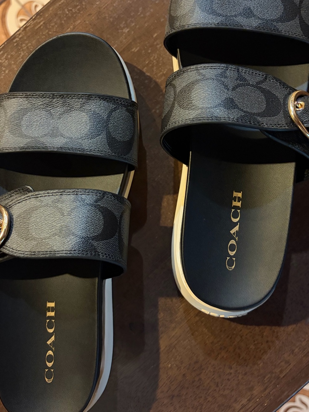 Coach Black Signature Logo Double-Strap Slide Sandals with Gold Accent